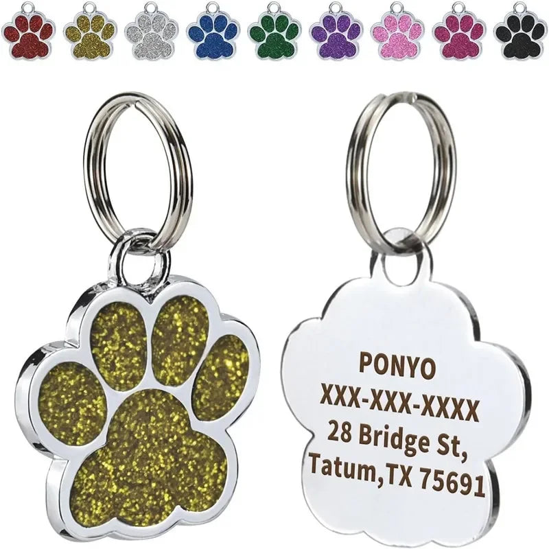 Lunaelle™ Personalized Glitter Paw Pet ID Tag – Custom Engraved Name Plate for Dogs & Cats