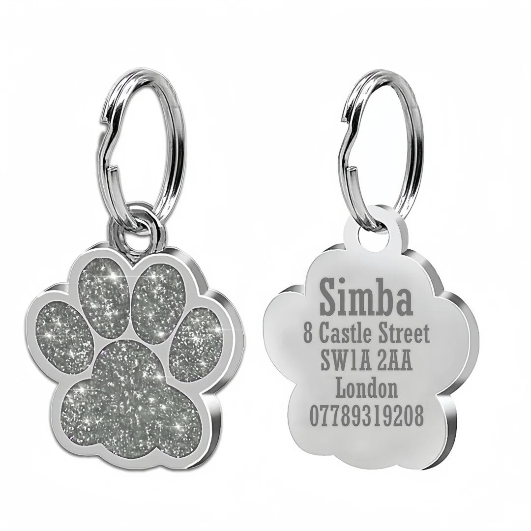 Lunaelle™ Personalized Glitter Paw Pet ID Tag – Custom Engraved Name Plate for Dogs & Cats