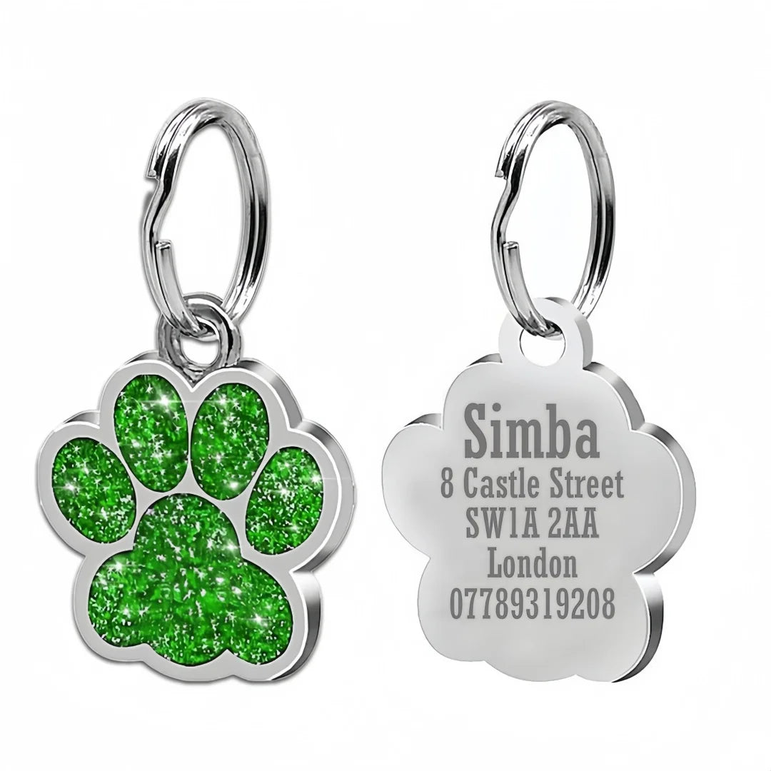 Lunaelle™ Personalized Glitter Paw Pet ID Tag – Custom Engraved Name Plate for Dogs & Cats