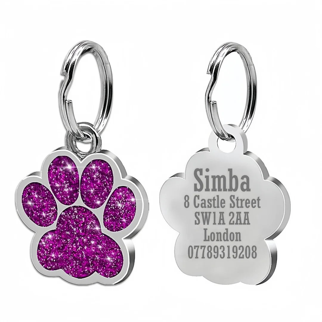 Lunaelle™ Personalized Glitter Paw Pet ID Tag – Custom Engraved Name Plate for Dogs & Cats