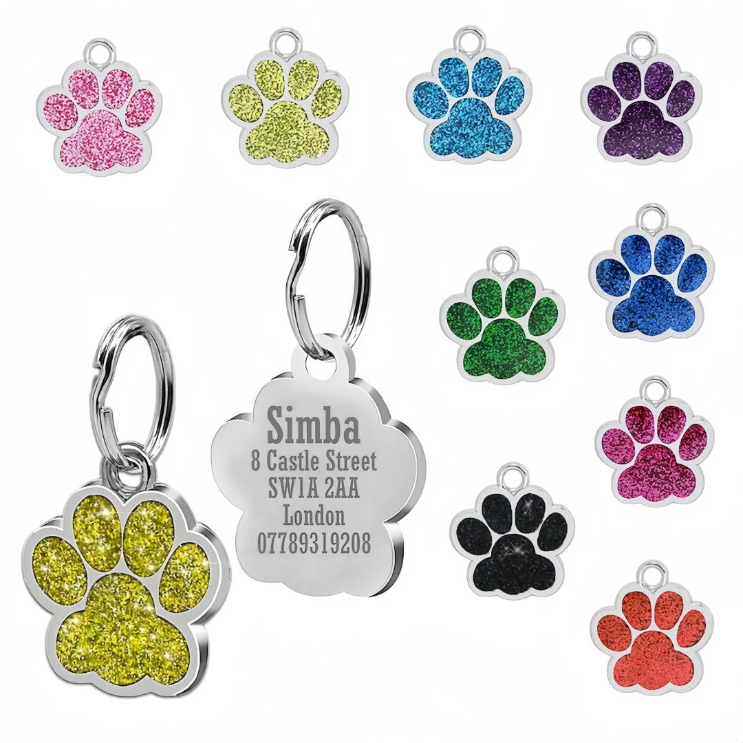 Lunaelle™ Personalized Glitter Paw Pet ID Tag – Custom Engraved Name Plate for Dogs & Cats