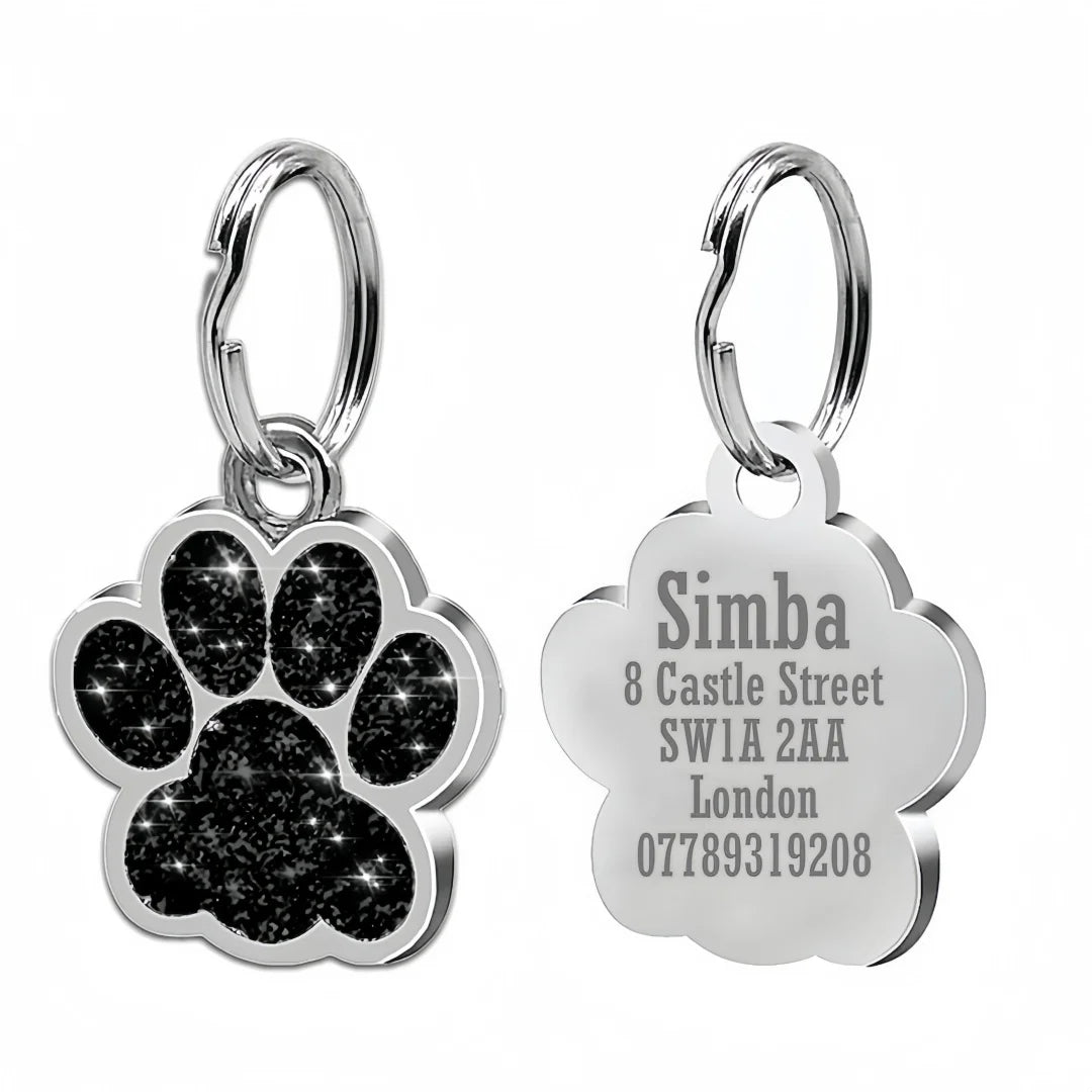 Lunaelle™ Personalized Glitter Paw Pet ID Tag – Custom Engraved Name Plate for Dogs & Cats
