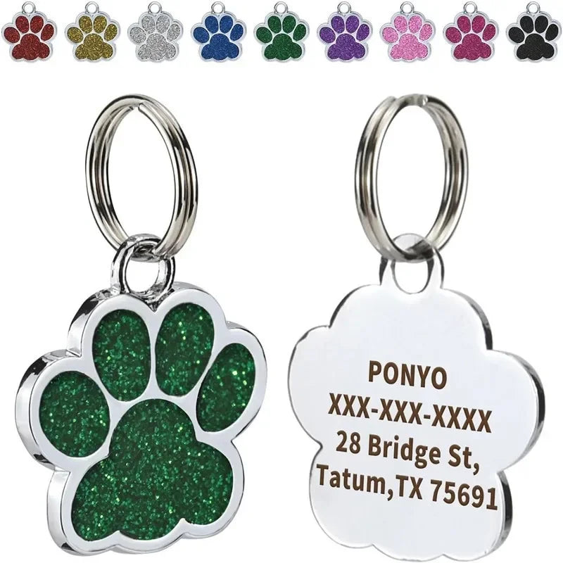 Lunaelle™ Personalized Glitter Paw Pet ID Tag – Custom Engraved Name Plate for Dogs & Cats
