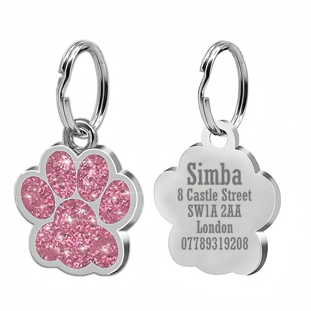 Lunaelle™ Personalized Glitter Paw Pet ID Tag – Custom Engraved Name Plate for Dogs & Cats