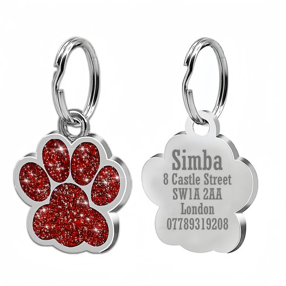 Lunaelle™ Personalized Glitter Paw Pet ID Tag – Custom Engraved Name Plate for Dogs & Cats