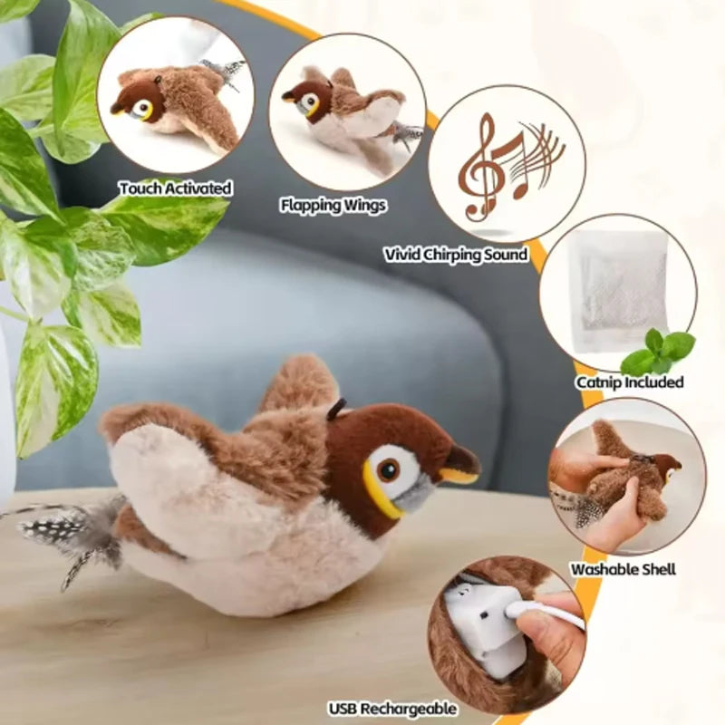 Lunaelle™ Interactive Chirping Bird Toy – Rechargeable Flapping Plush Toy for Cats & Dogs